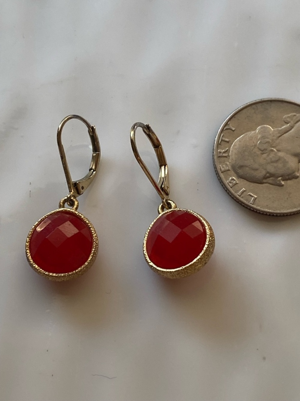 Gold-Trim Red Faceted Drop Earrings - Picture 5 of 6
